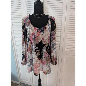 Melissa Paige Top Womens PXL Pleated Chiffon Blouse Multicolor Blue Floral Boho